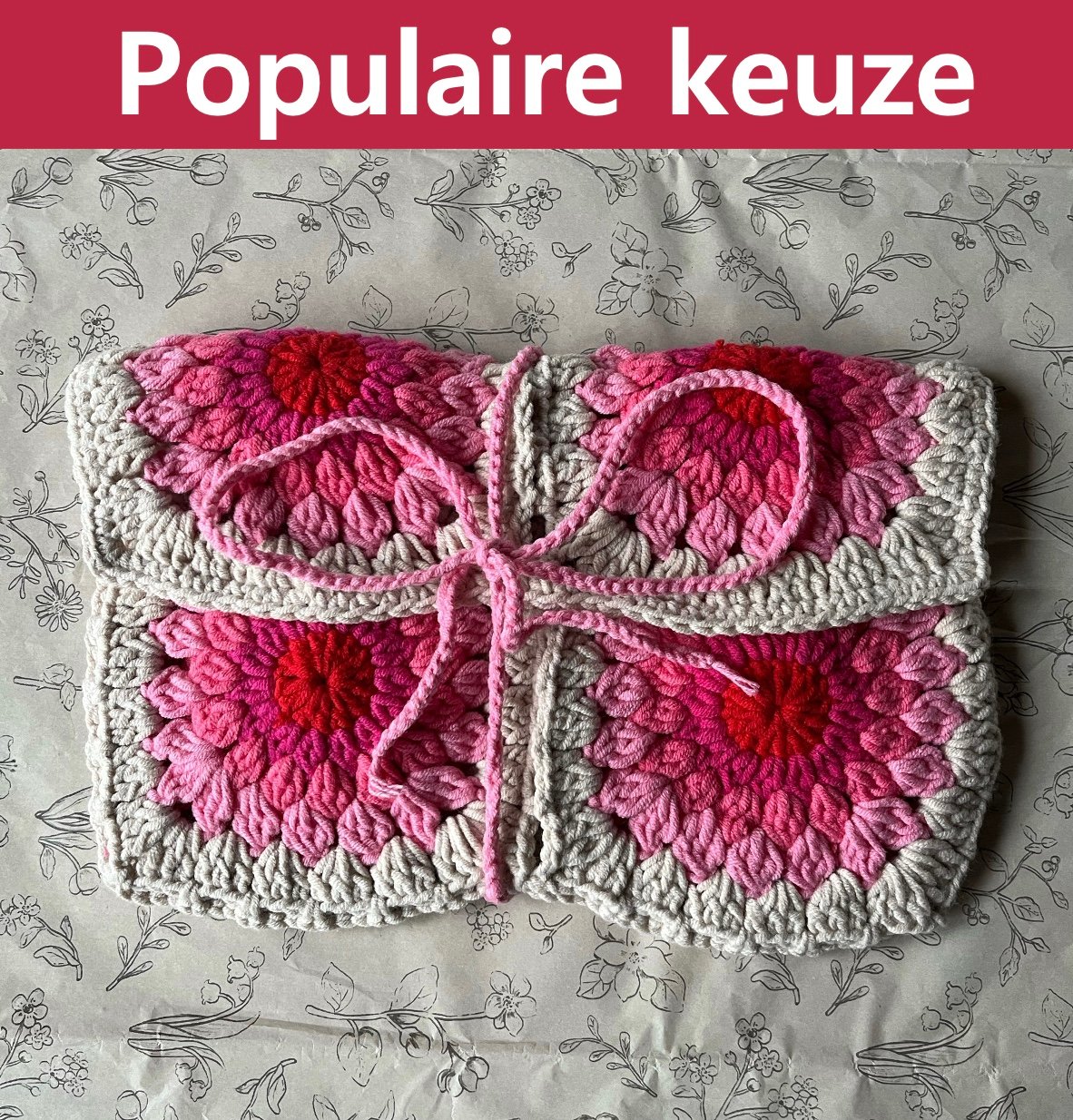 Gehaakte Boekcover - Grijs/Roze/Rood